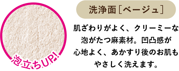 洗浄面［ベージュ］肌ざわりがよく、クリーミーな泡がたつ麻素材。凹凸感が心地よく、あかすり後のお肌もやさしく洗えます。