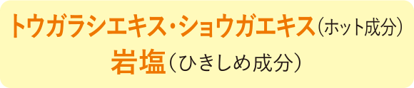 トウガラシエキス・ショウガエキス（ホット成分）・岩塩（ひきしめ成分）