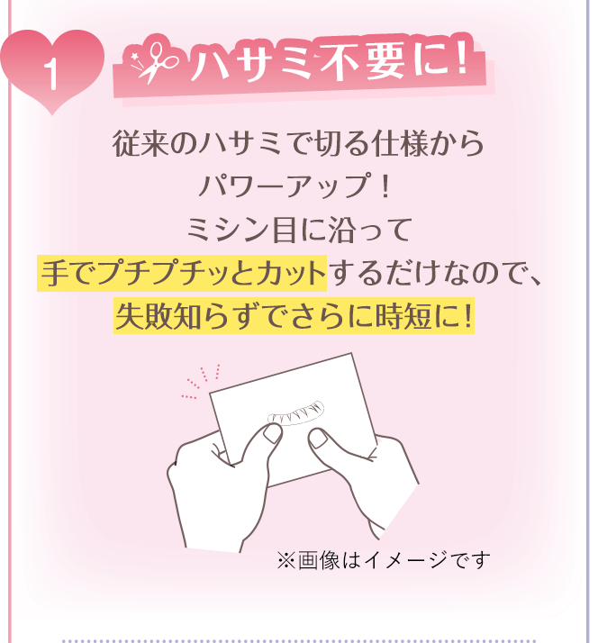（1）ハサミ不要に！従来のハサミで切る仕様からパワーアップ！ミシン目に沿って手でプチプチッとカットするだけなので、失敗知らずでさらに時短に！