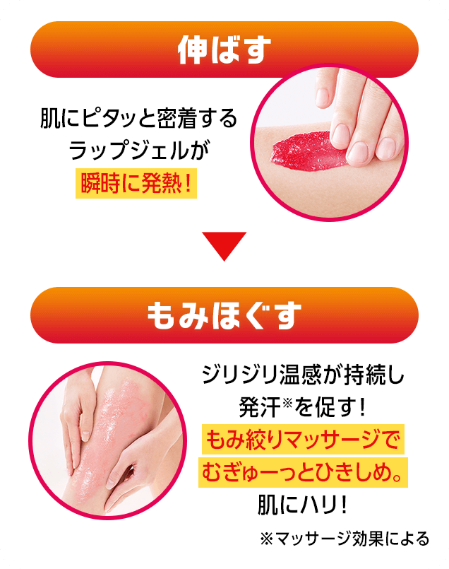 【伸ばす】肌にピタッと密着するラップジェルが瞬時に発熱！【もみほぐす】ジリジリ温感が持続し発汗※を促す！もみ絞りマッサージでむぎゅーっとひきしめ。肌にハリ！※マッサージ効果による