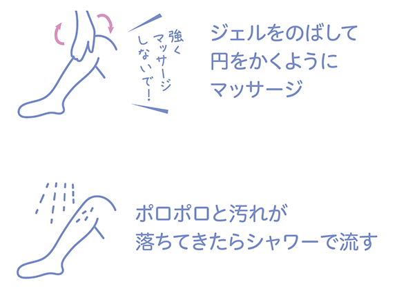 ジェルをのばして円をかくようにマッサージ→ポロポロと汚れが落ちてきたらシャワーで流す